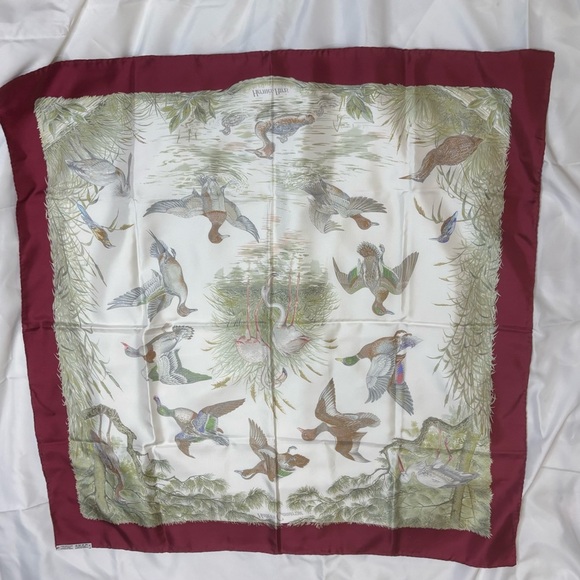 Hermes Paris Silk Scarf Halte en Camargue Mallard Pine Branch Square Red Birds - Picture 6 of 6